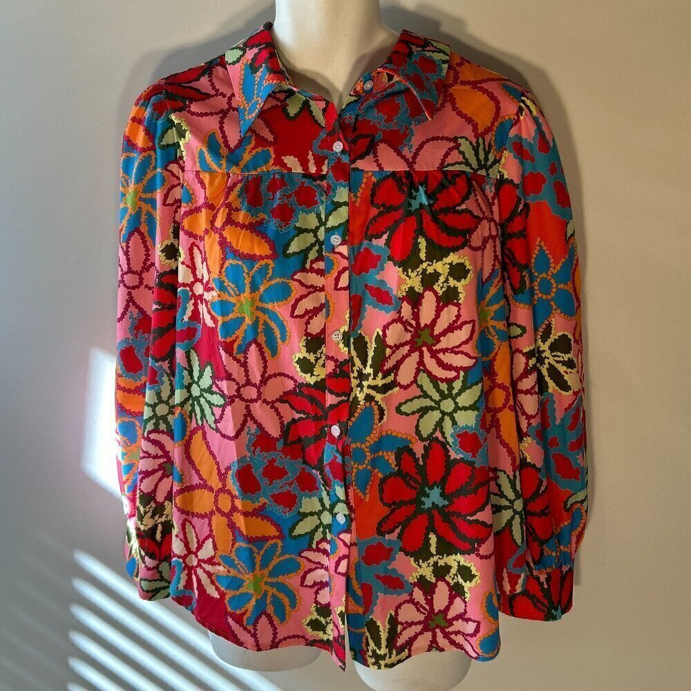 Shein SZ1X Silky Abstract Multi Color Button Front Shirt Artsy Modern Maximalism